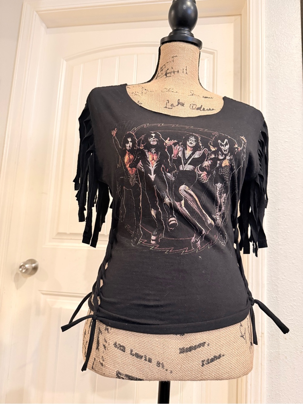 Upcycled KISS Fringe Tee – Reworked Rock Band Top